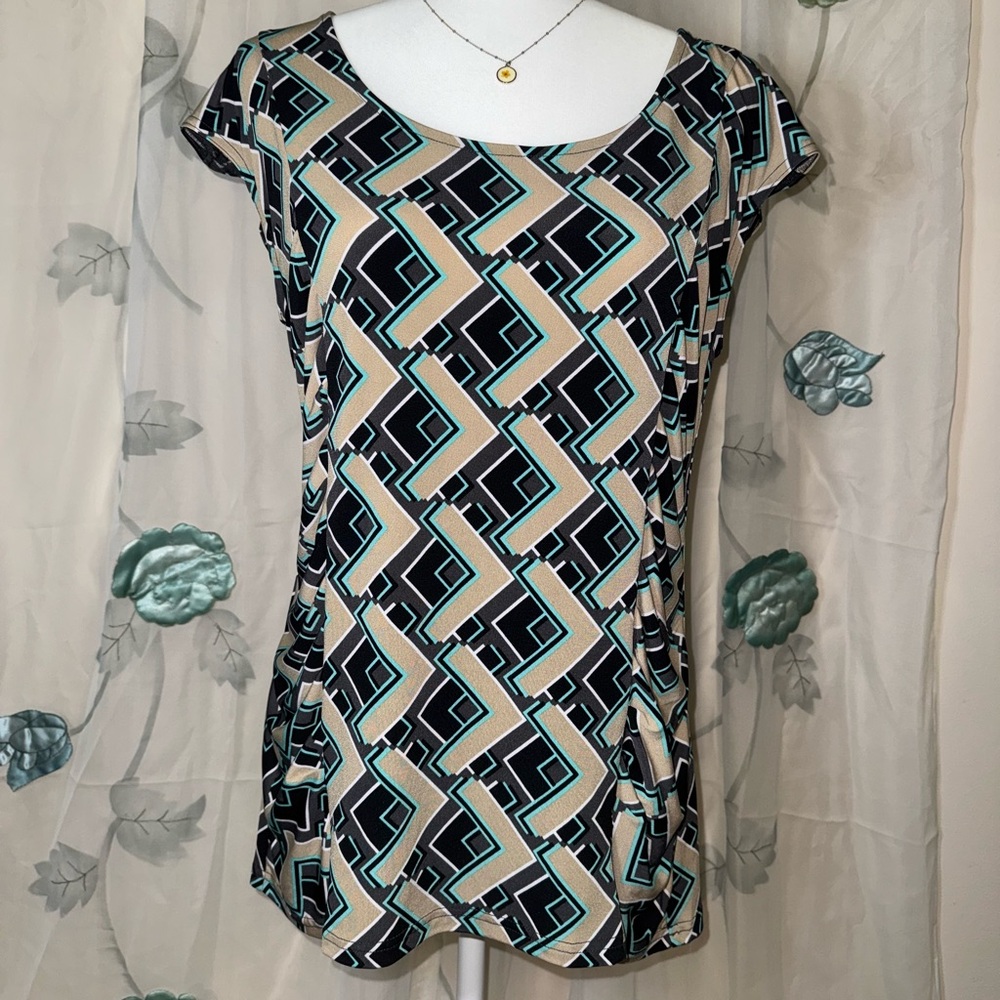 Attention Black and Teal Geometric Blouse